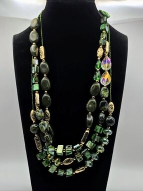 Green Multi Strand Statement Necklace Layered Beaded Gold Tone Boho Chunky